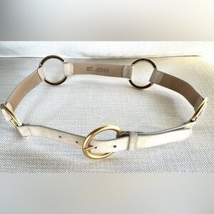 ST. JOHN Statement Suede Belt Taupe/Cream & Gold EUC S Fits 30”-34” + Dust Bag